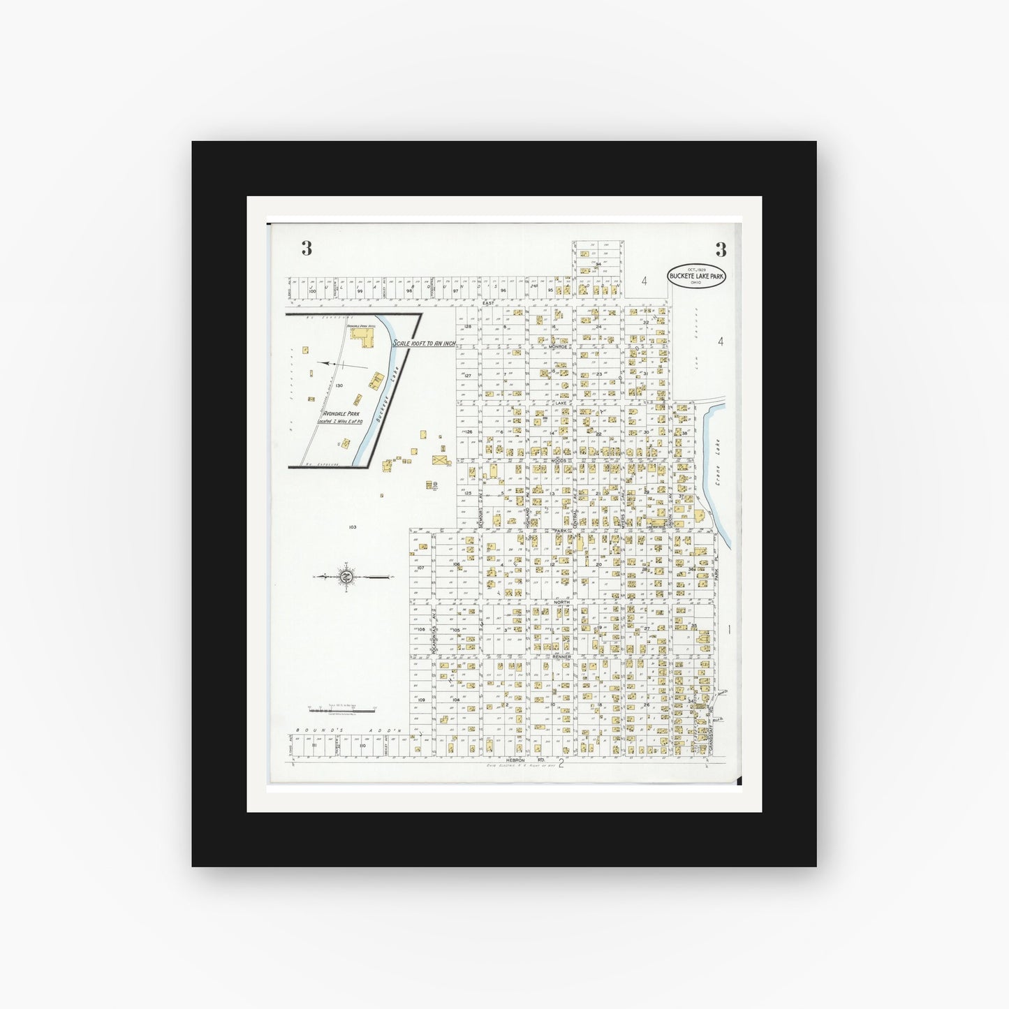 Old map wall art mockup — black gallery frame with white mat — Sanborn Fire Insurance Map from Buckeye Lake, Licking County, Ohio (1929), Sheet #0003