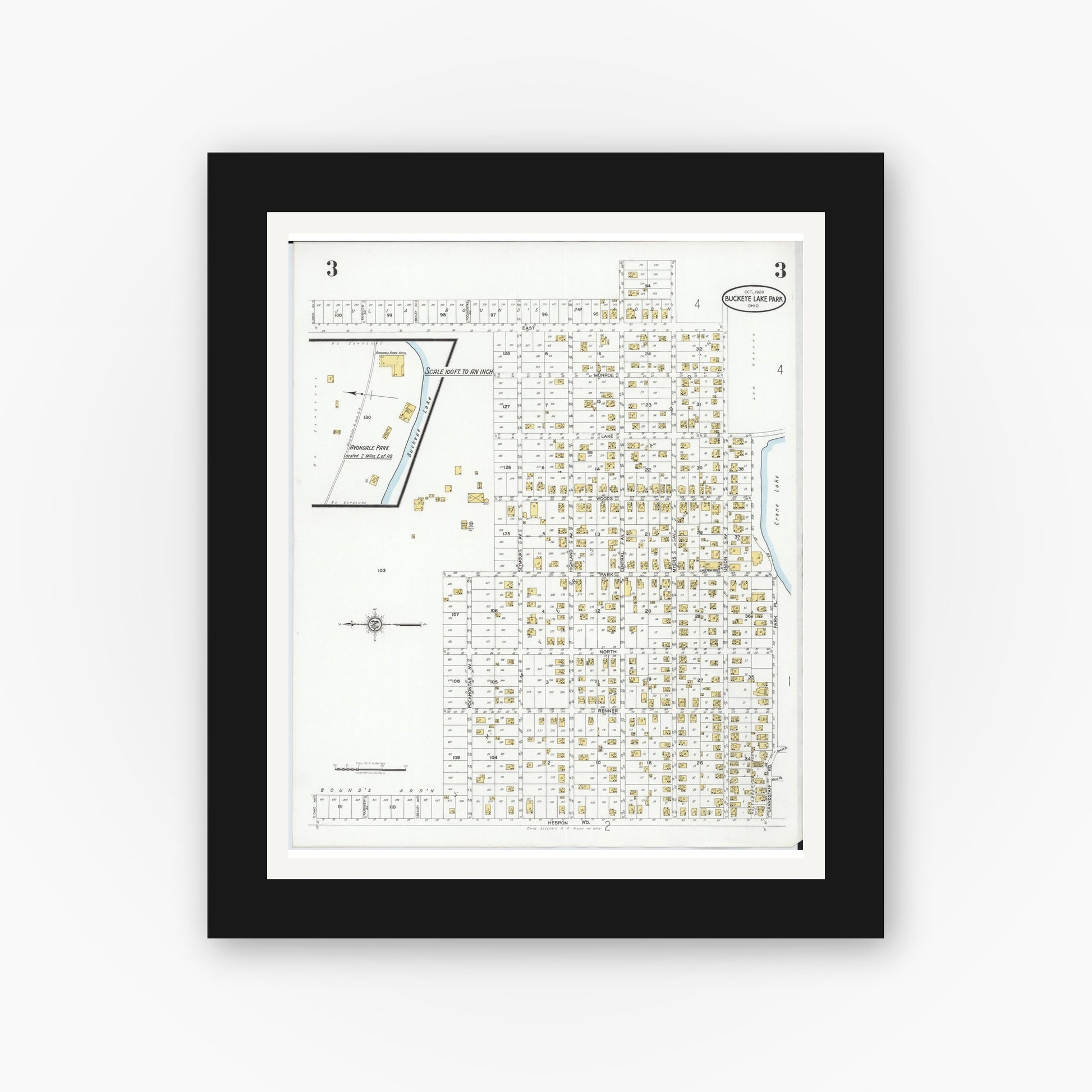 Old map wall art mockup — black gallery frame with white mat — Sanborn Fire Insurance Map from Buckeye Lake, Licking County, Ohio (1929), Sheet #0003