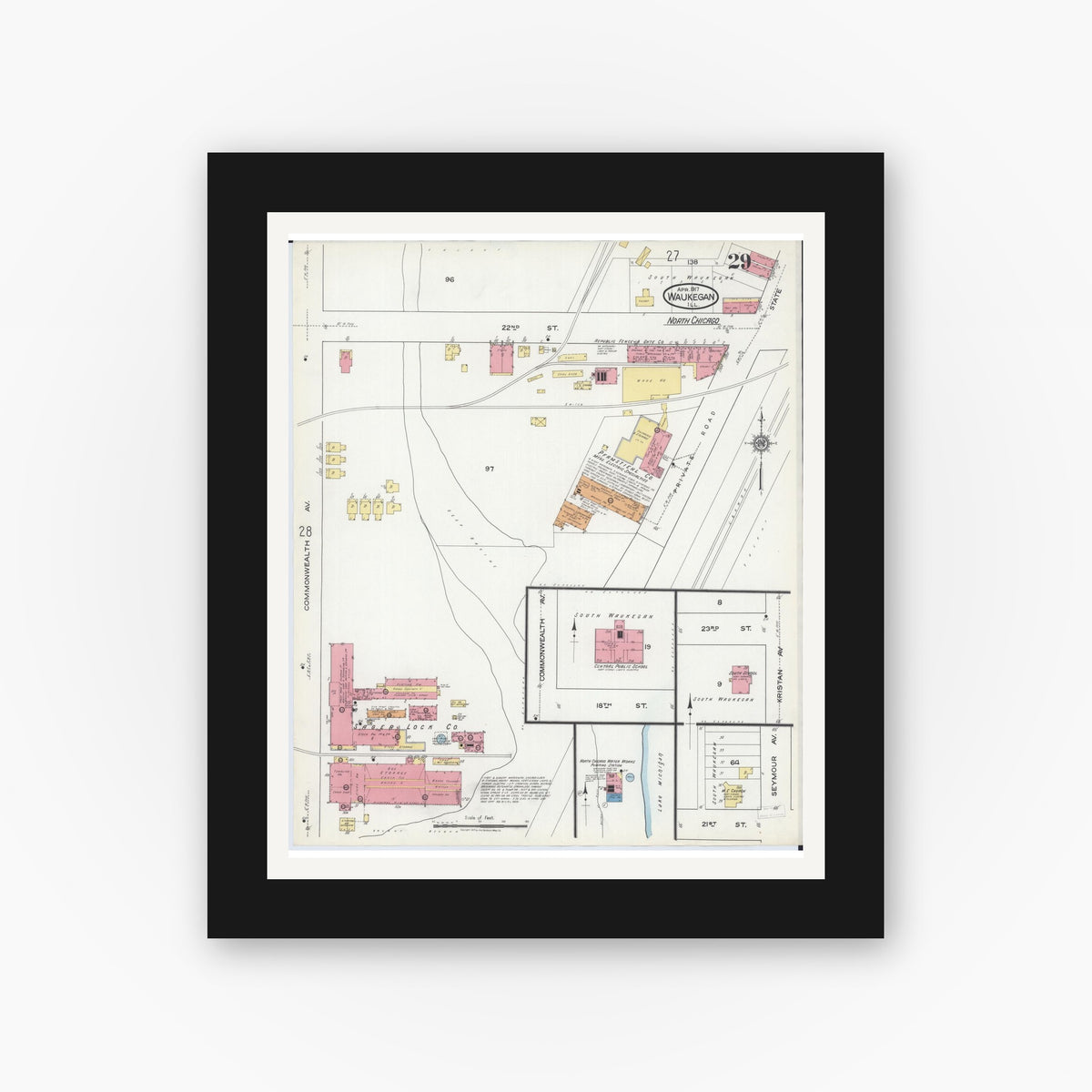Old map wall art mockup — black gallery frame with white mat — Sanborn Fire Insurance Map from Waukegan, Lake County, Illinois (1917), Sheet #0029
