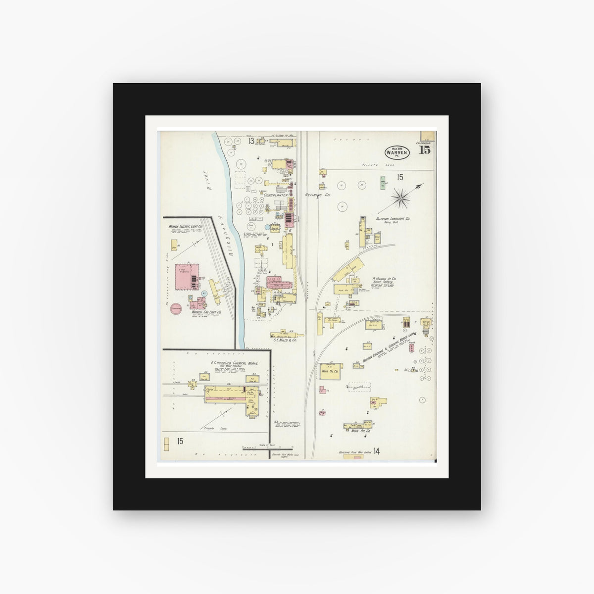 Old map wall art mockup — black gallery frame with white mat — Sanborn Fire Insurance Map from Warren, Warren County, Pennsylvania (1898), Sheet #0015