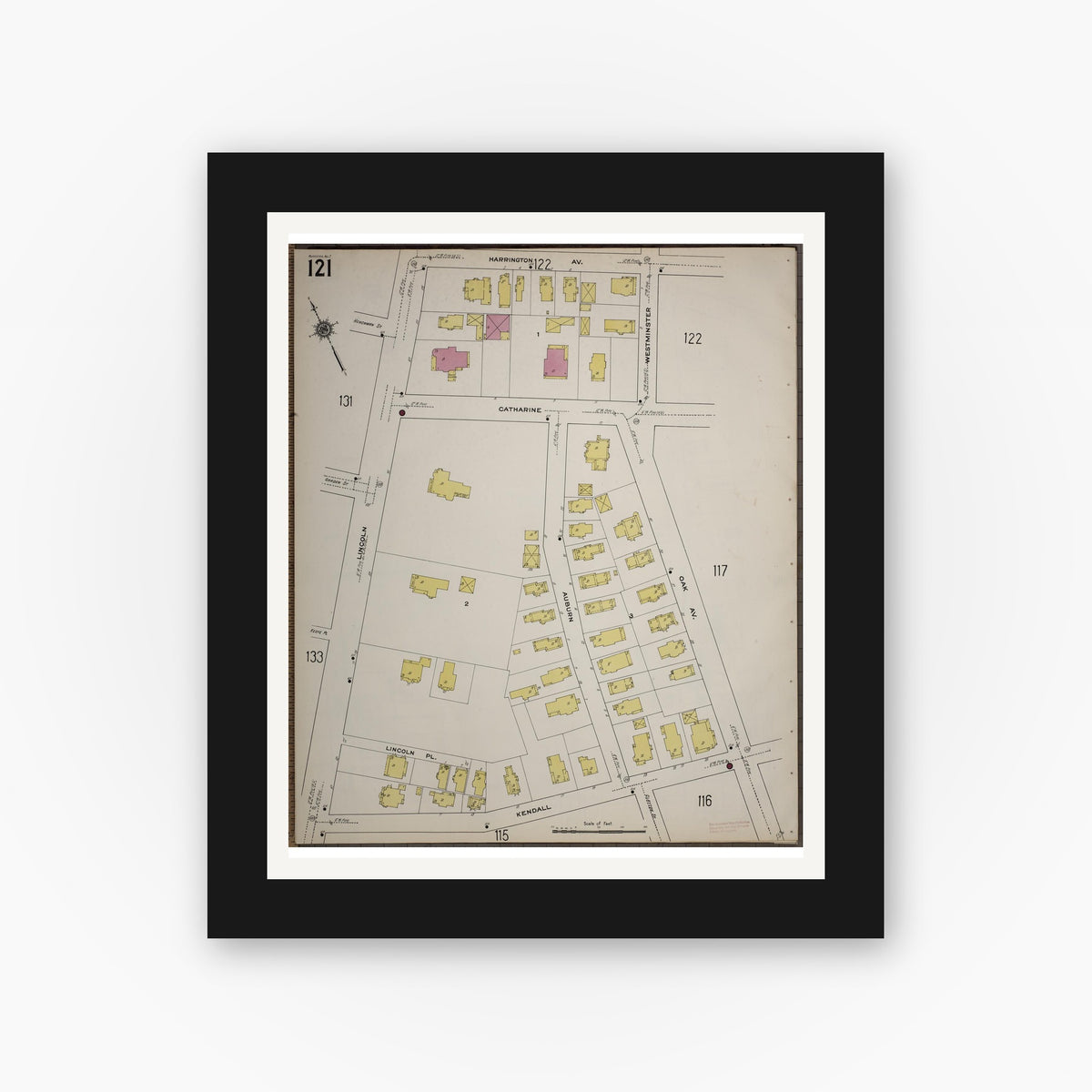 Old map wall art mockup — black gallery frame with white mat — Sanborn Fire Insurance Map from Worcester, Worcester County, Massachusetts (1910), Sheet #0121