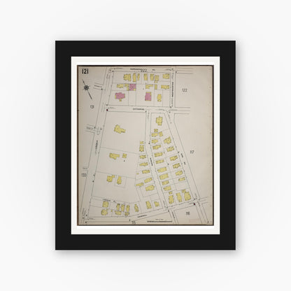 Old map wall art mockup — black gallery frame with white mat — Sanborn Fire Insurance Map from Worcester, Worcester County, Massachusetts (1910), Sheet #0121