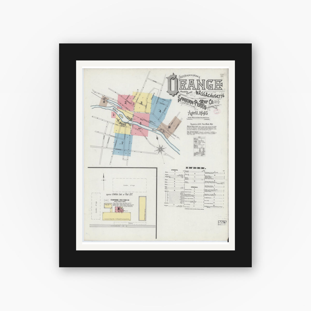 Old map wall art mockup — black gallery frame with white mat — Sanborn Fire Insurance Map from Orange, Franklin County, Massachusetts (1895) - Complete Map Set