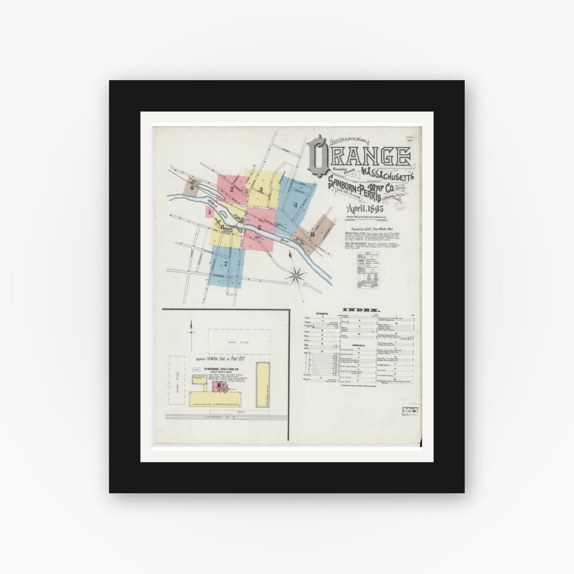 Old map wall art mockup — black gallery frame with white mat — Sanborn Fire Insurance Map from Orange, Franklin County, Massachusetts (1895) - Complete Map Set