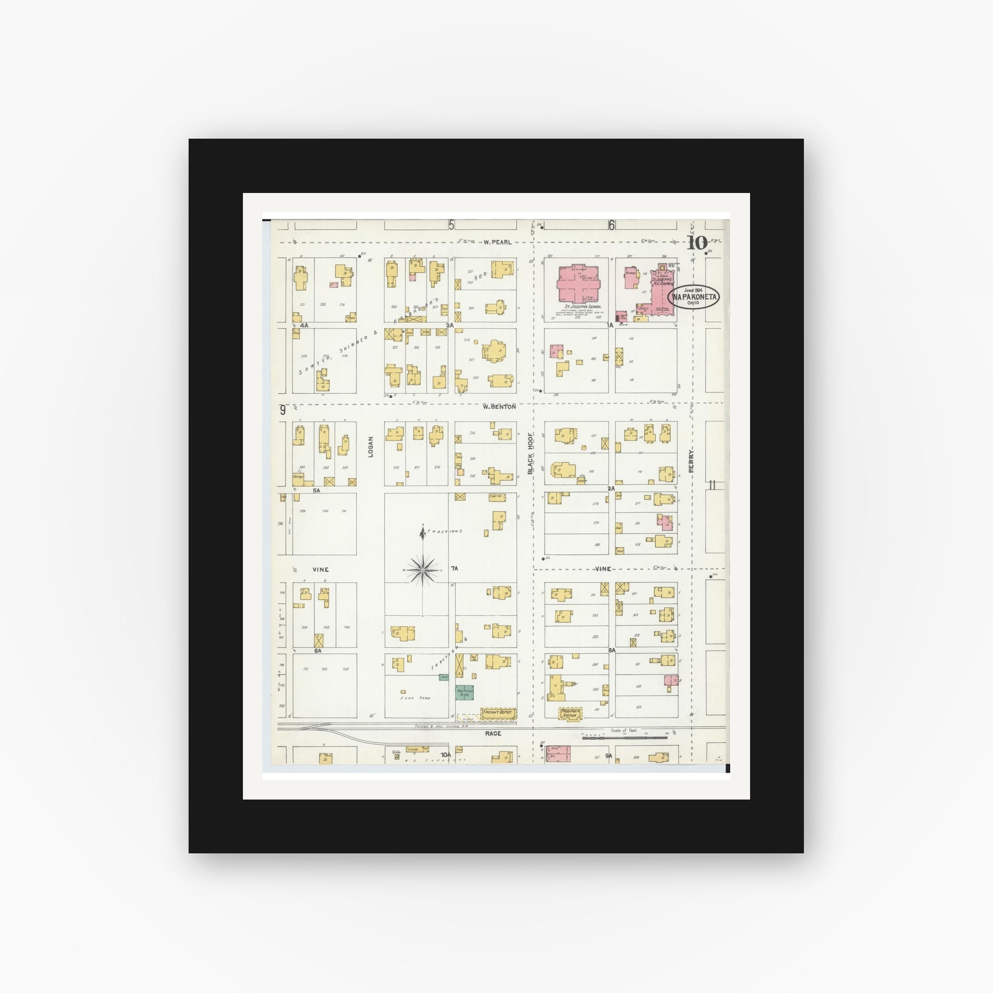 Old map wall art mockup — black gallery frame with white mat — Sanborn Fire Insurance Map from Wapakoneta, Auglaize County, Ohio (1904), Sheet #0010