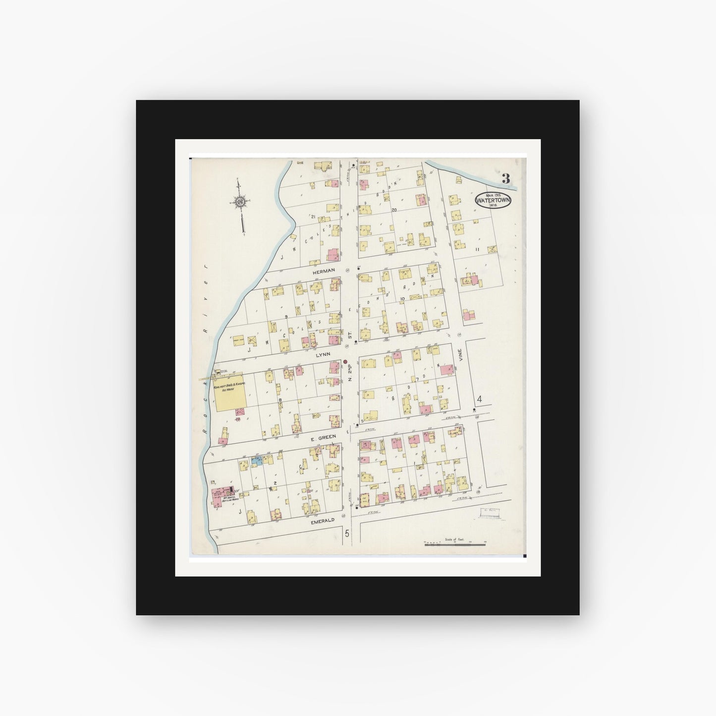 Old map wall art mockup — black gallery frame with white mat — Sanborn Fire Insurance Map from Watertown, Jefferson County, Wisconsin (1915), Sheet #0004