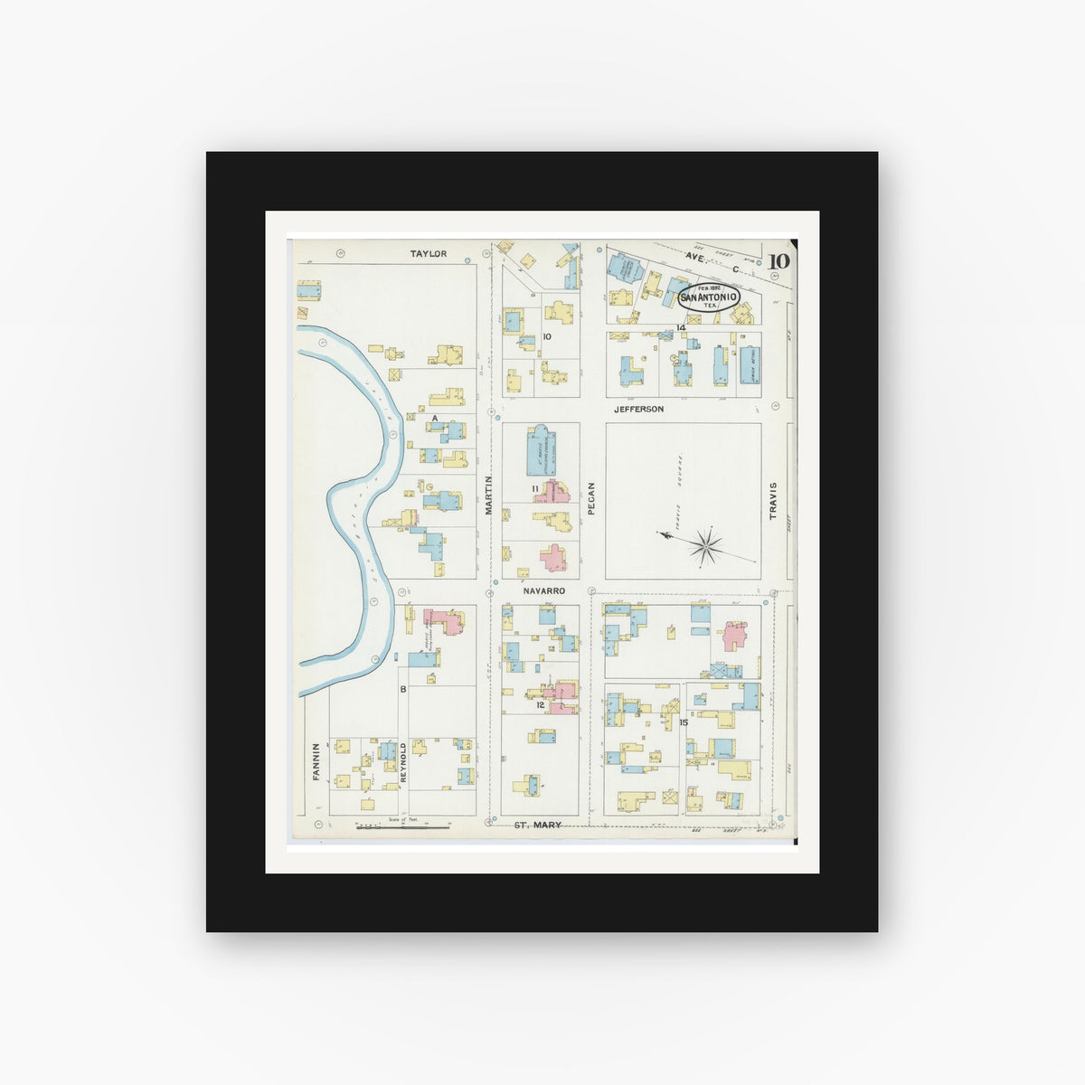 Old map wall art mockup — black gallery frame with white mat — Sanborn Fire Insurance Map from San Antonio, Bexar County, Texas (1892), Sheet #0010