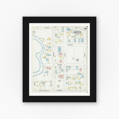 Old map wall art mockup — black gallery frame with white mat — Sanborn Fire Insurance Map from San Antonio, Bexar County, Texas (1892), Sheet #0010