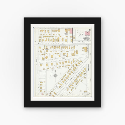 Old map wall art mockup — black gallery frame with white mat — Sanborn Fire Insurance Map from Albert Lea, Freeborn County, Minnesota (1899), Sheet #0008