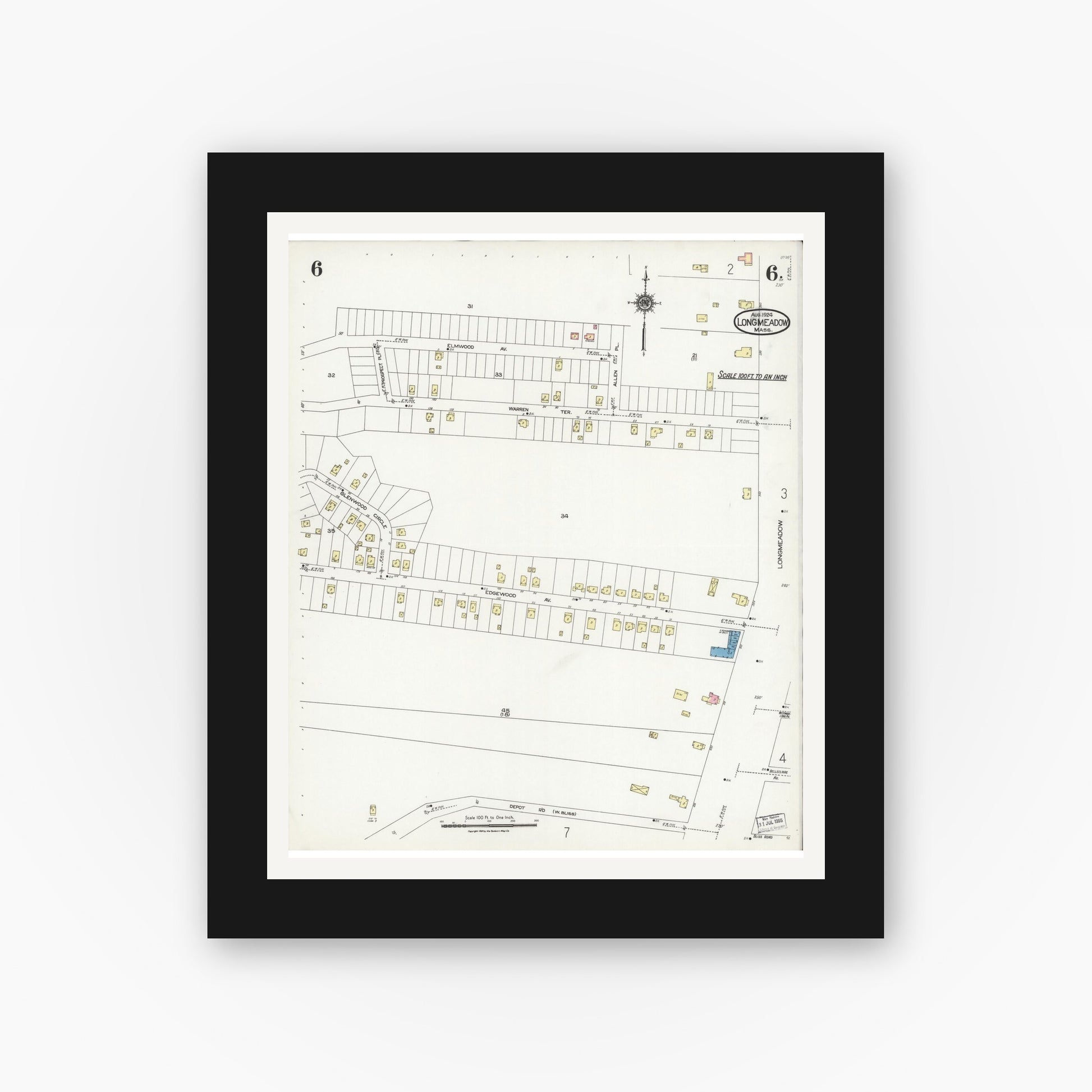 Old map wall art mockup — black gallery frame with white mat — Sanborn Fire Insurance Map from Longmeadow, Hampden County, Massachusetts (1924), Sheet #0006