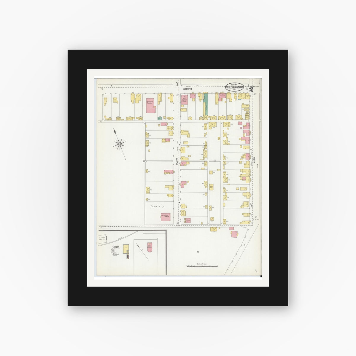 Old map wall art mockup — black gallery frame with white mat — Sanborn Fire Insurance Map from Williamsburg, Blair County, Pennsylvania (1904), Sheet #0002