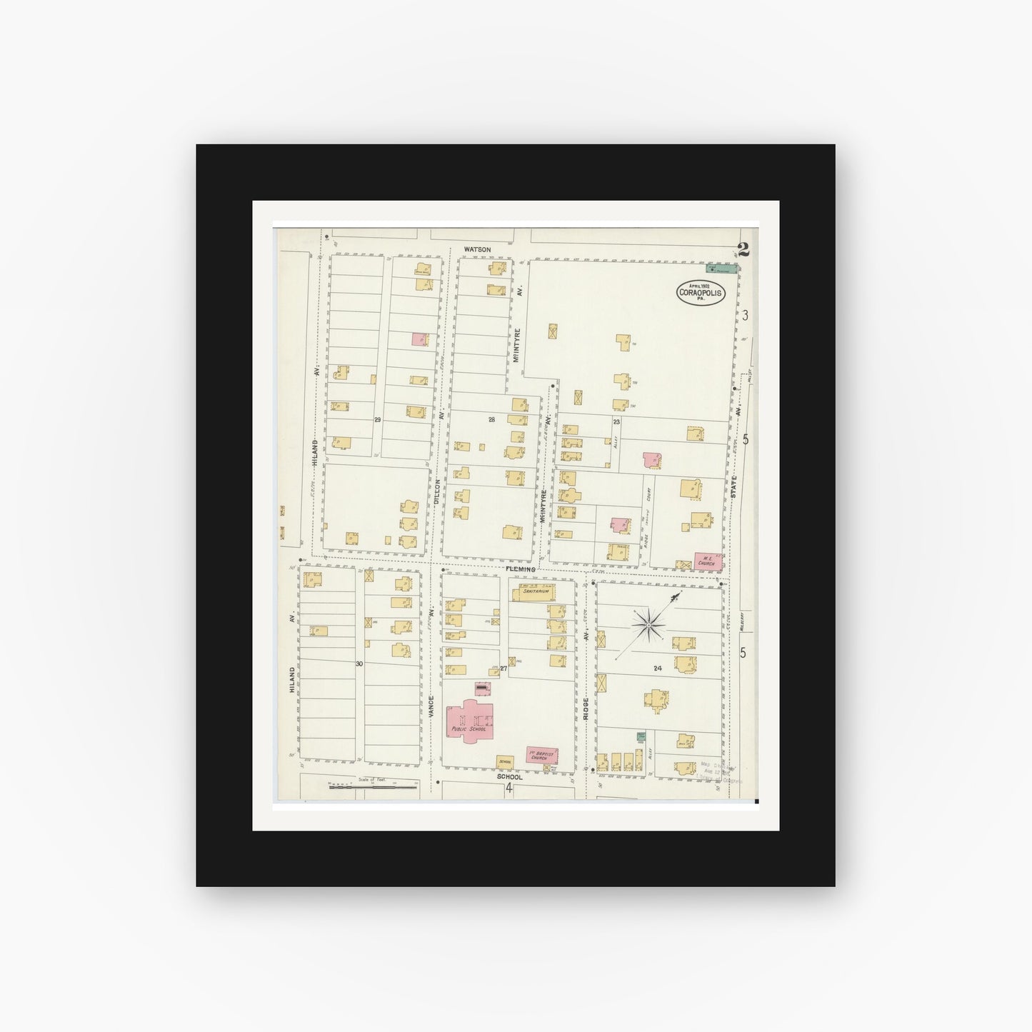 Old map wall art mockup — black gallery frame with white mat — Sanborn Fire Insurance Map from Coraopolis, Allegheny County, Pennsylvania (1902), Sheet #0002