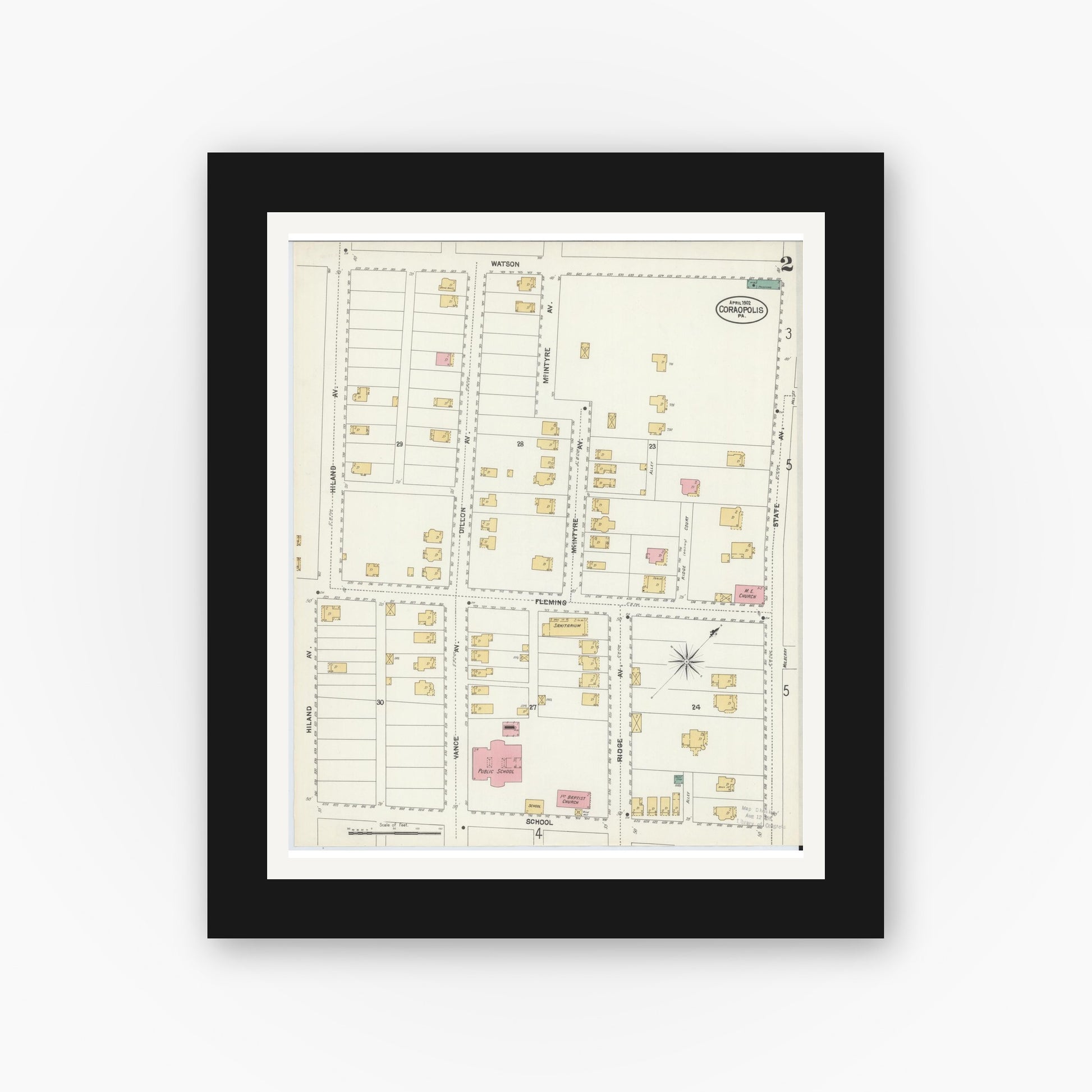 Old map wall art mockup — black gallery frame with white mat — Sanborn Fire Insurance Map from Coraopolis, Allegheny County, Pennsylvania (1902), Sheet #0002