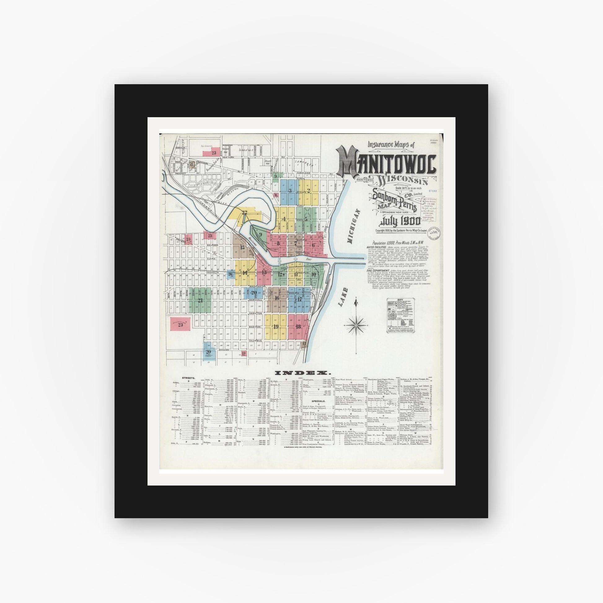 Old map wall art mockup — black gallery frame with white mat — Sanborn Fire Insurance Map from Manitowoc, Manitowoc County, Wisconsin (1900), Sheet #0001