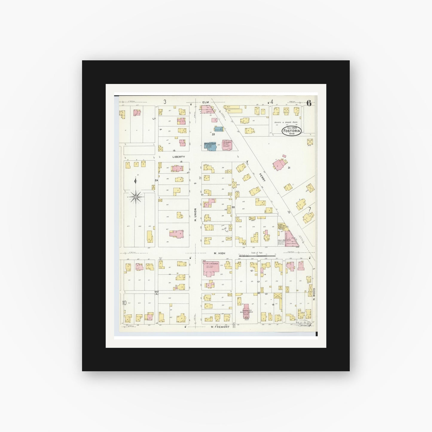 Old map wall art mockup — black gallery frame with white mat — Sanborn Fire Insurance Map from Fostoria, Seneca, Hancock, And Wood Counties, Ohio (1908), Sheet #0006
