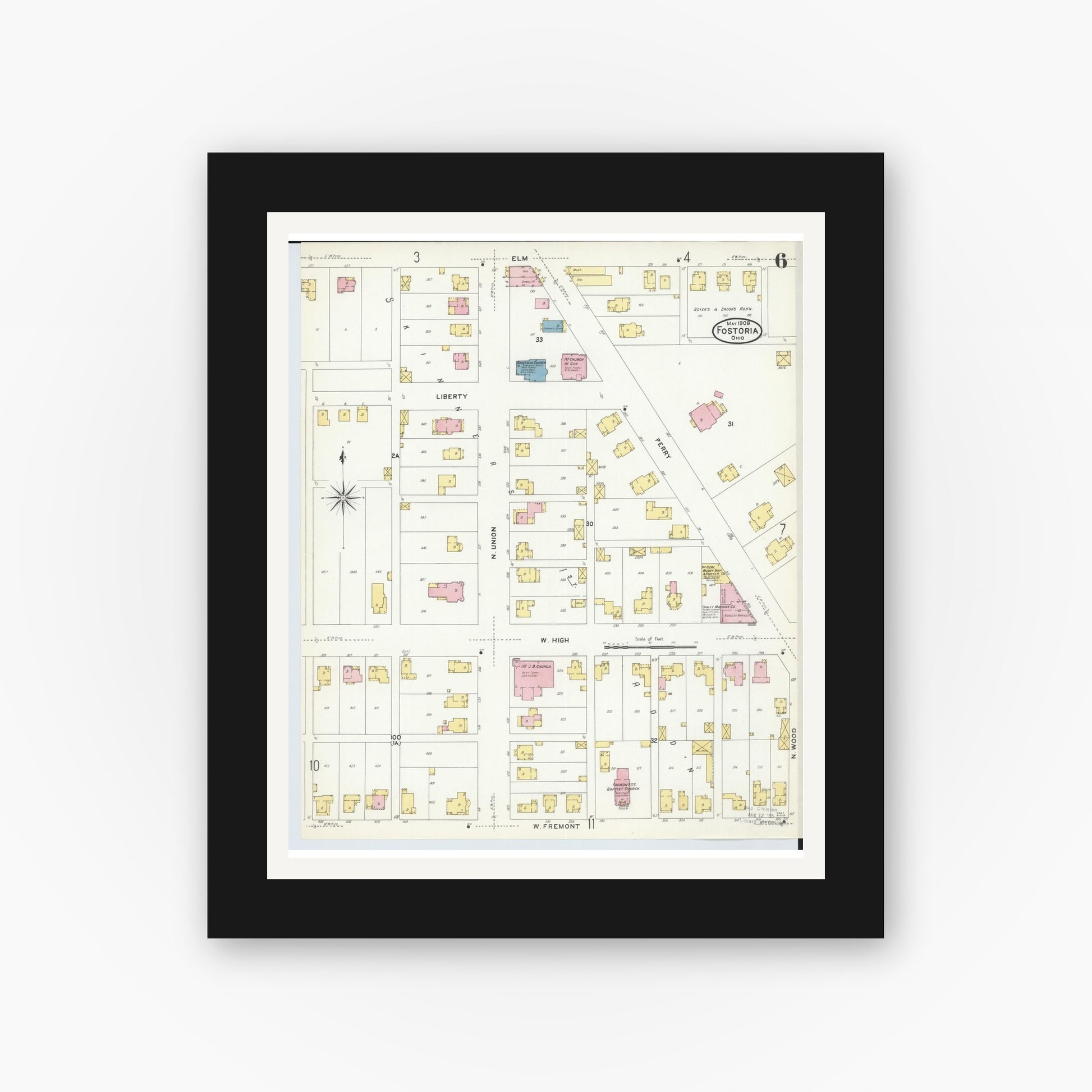 Old map wall art mockup — black gallery frame with white mat — Sanborn Fire Insurance Map from Fostoria, Seneca, Hancock, And Wood Counties, Ohio (1908), Sheet #0006