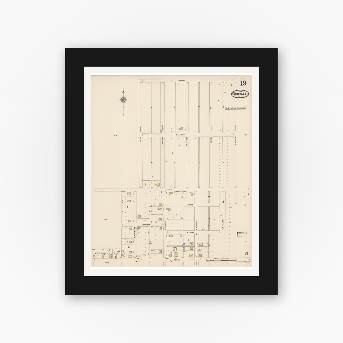 Old map wall art mockup — black gallery frame with white mat — Sanborn Fire Insurance Map from Gainesville, Cooke County, Texas (1922), Sheet #0019