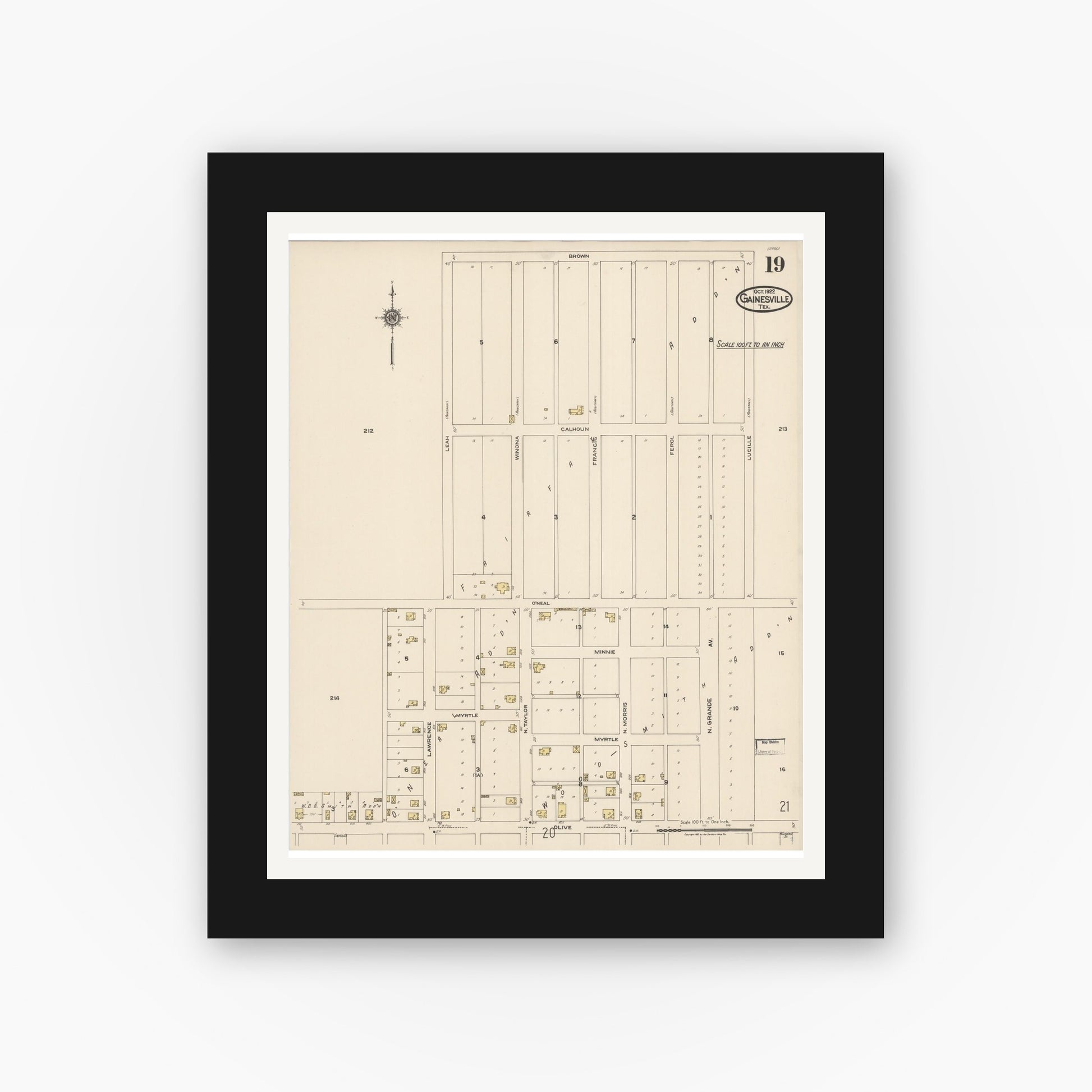 Old map wall art mockup — black gallery frame with white mat — Sanborn Fire Insurance Map from Gainesville, Cooke County, Texas (1922), Sheet #0019