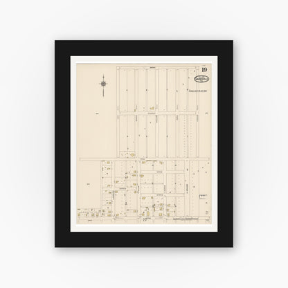 Old map wall art mockup — black gallery frame with white mat — Sanborn Fire Insurance Map from Gainesville, Cooke County, Texas (1922), Sheet #0019