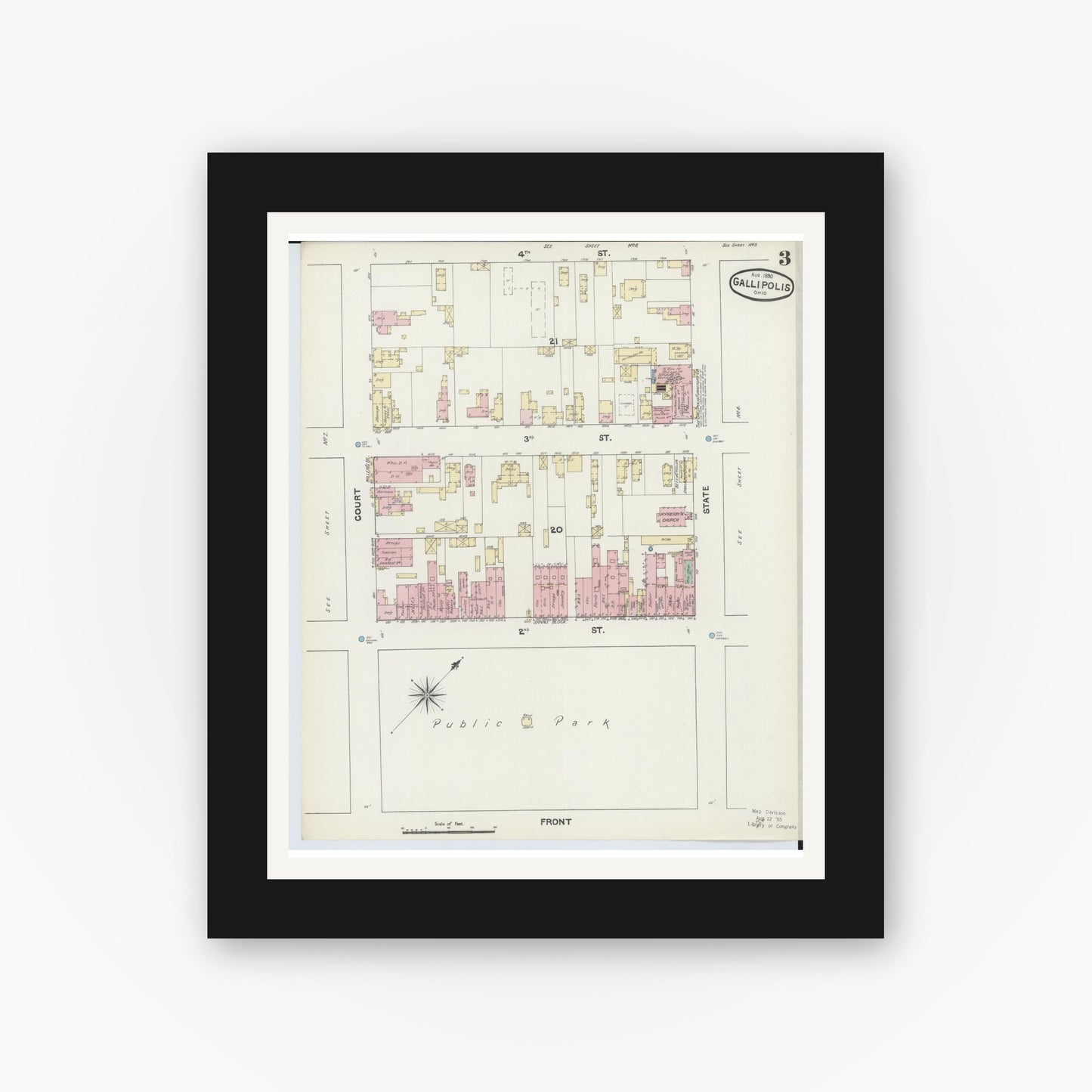 Old map wall art mockup — black gallery frame with white mat — Sanborn Fire Insurance Map from Gallipolis, Gallia County, Ohio (1890), Sheet #0003