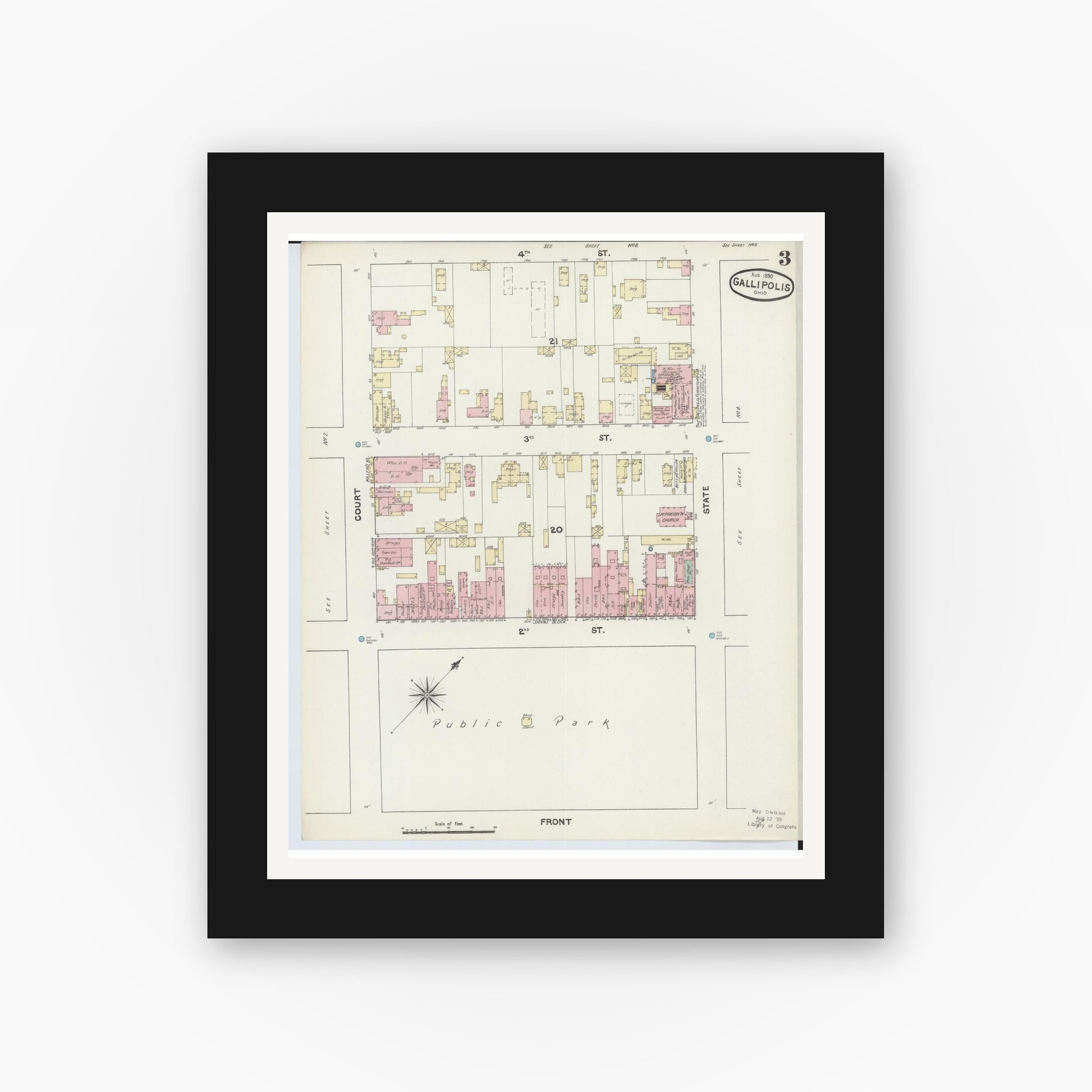 Old map wall art mockup — black gallery frame with white mat — Sanborn Fire Insurance Map from Gallipolis, Gallia County, Ohio (1890), Sheet #0003