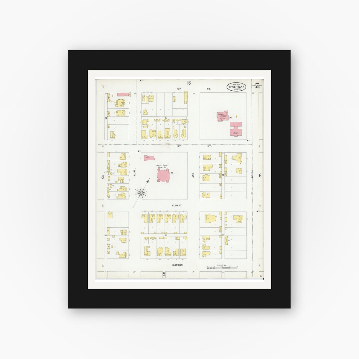 Old map wall art mockup — black gallery frame with white mat — Sanborn Fire Insurance Map from Texarkana, Bowie County, Texas (1900), Sheet #0007