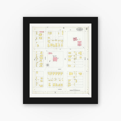 Old map wall art mockup — black gallery frame with white mat — Sanborn Fire Insurance Map from Texarkana, Bowie County, Texas (1900), Sheet #0007