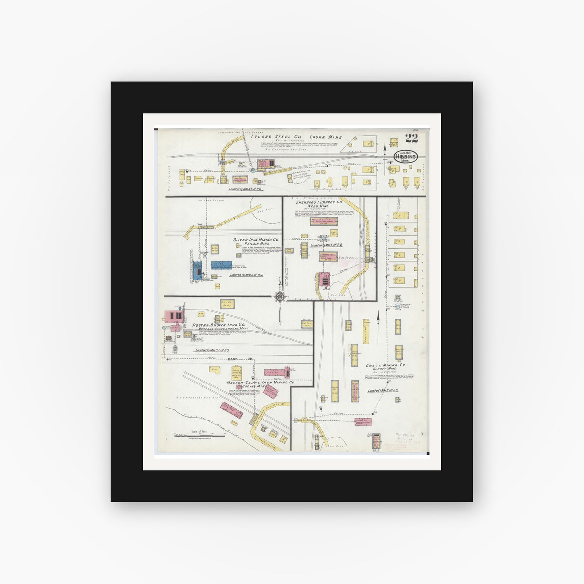 Old map wall art mockup — black gallery frame with white mat — Sanborn Fire Insurance Map from Hibbing, Saint Louis County, Minnesota (1921), Sheet #0022