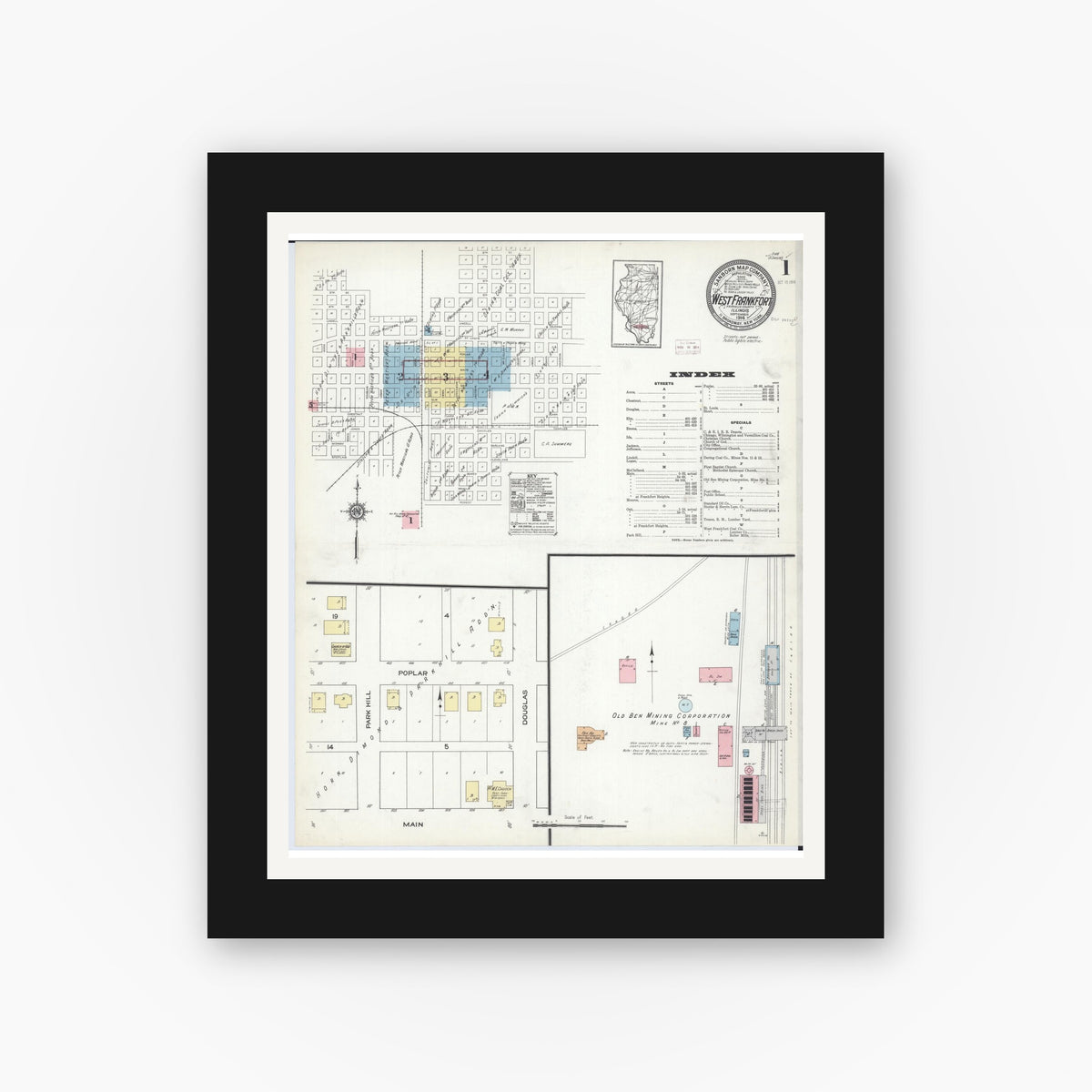Old map wall art mockup — black gallery frame with white mat — Sanborn Fire Insurance Map from West Frankfort, Franklin County, Illinois (1914), Sheet #0001