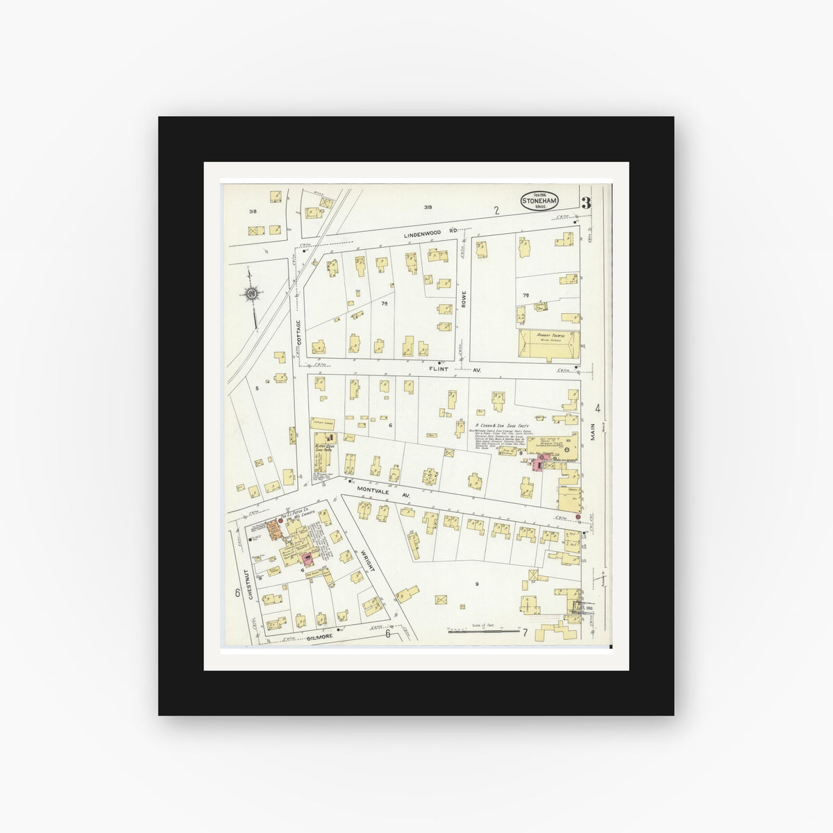 Old map wall art mockup — black gallery frame with white mat — Sanborn Fire Insurance Map from Stoneham, Middlesex County, Massachusetts (1916), Sheet #0003
