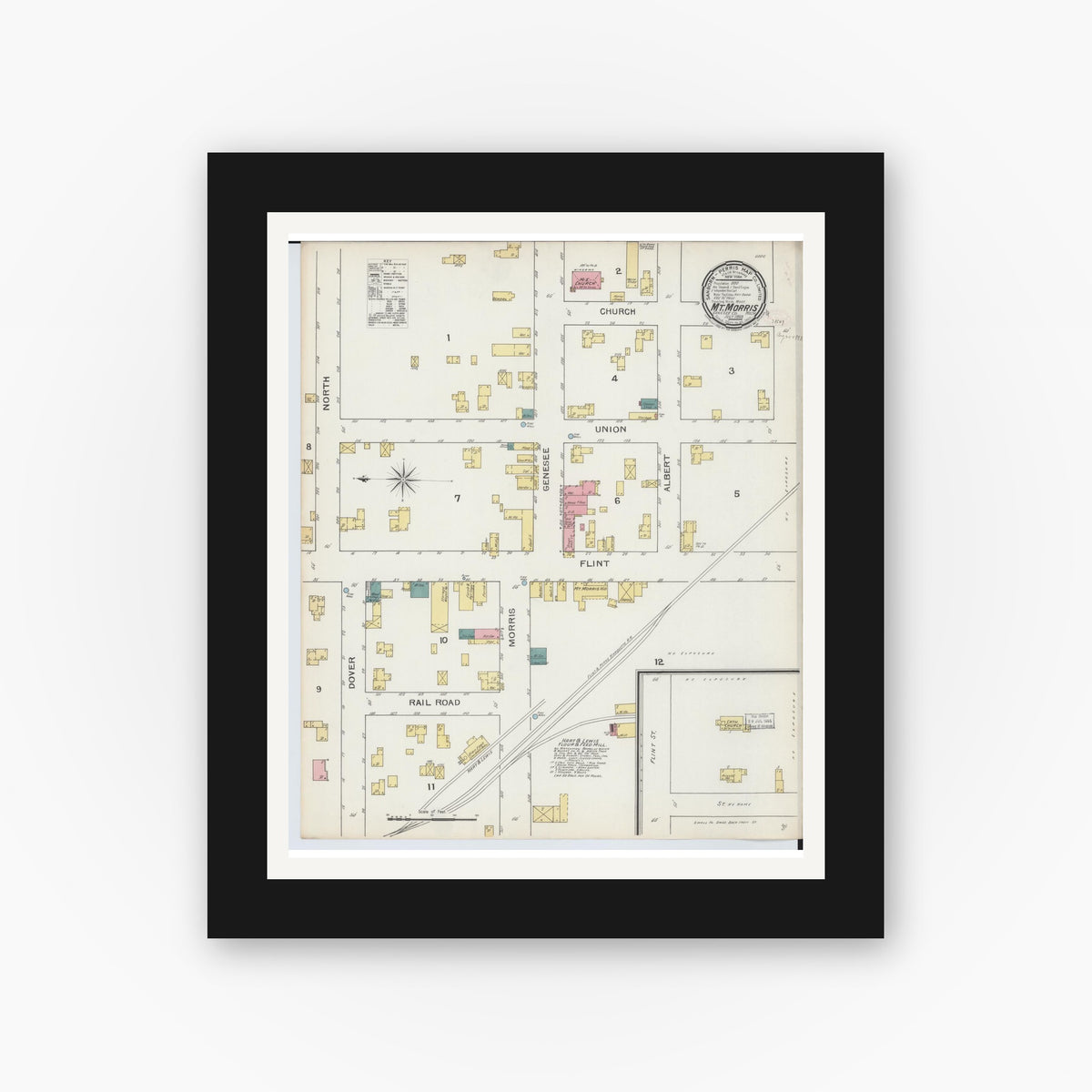 Old map wall art mockup — black gallery frame with white mat — Sanborn Fire Insurance Map from Mount Morris, Genesee County, Michigan (1893), Sheet #0001