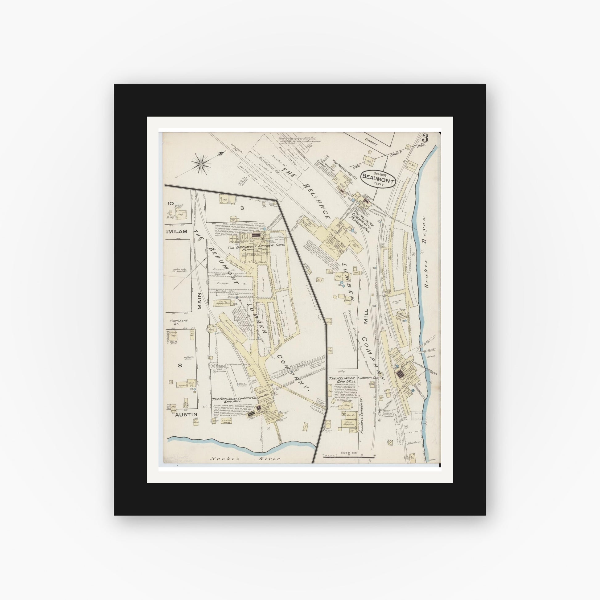 Old map wall art mockup — black gallery frame with white mat — Sanborn Fire Insurance Map from Beaumont, Jefferson County, Texas (1885), Sheet #0003