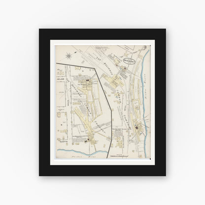Old map wall art mockup — black gallery frame with white mat — Sanborn Fire Insurance Map from Beaumont, Jefferson County, Texas (1885), Sheet #0003