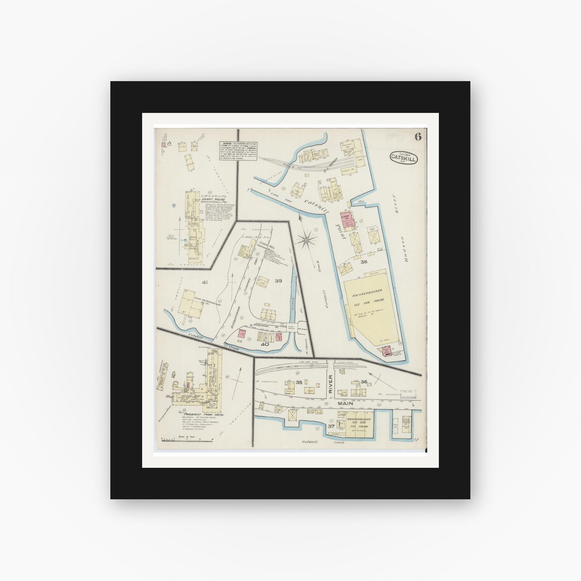 Old map wall art mockup — black gallery frame with white mat — Sanborn Fire Insurance Map from Catskill, Greene County, New York (1884), Sheet #0006