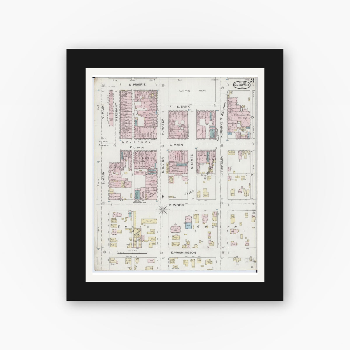Old map wall art mockup — black gallery frame with white mat — Sanborn Fire Insurance Map from Decatur, Macon County, Illinois (1887), Sheet #0003