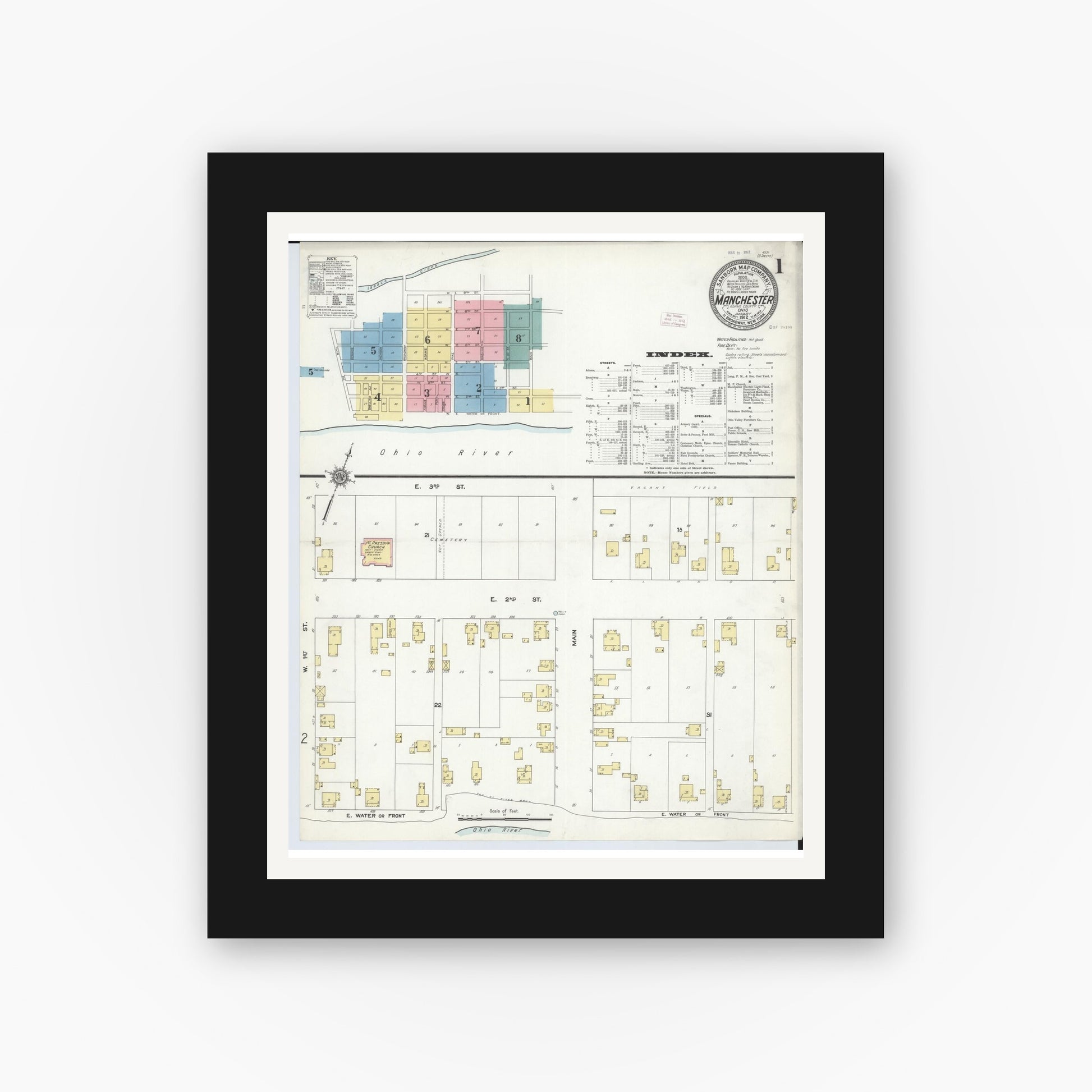 Old map wall art mockup — black gallery frame with white mat — Sanborn Fire Insurance Map from Manchester, Adams County, Ohio (1912), Sheet #0001