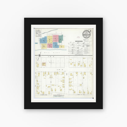 Old map wall art mockup — black gallery frame with white mat — Sanborn Fire Insurance Map from Manchester, Adams County, Ohio (1912), Sheet #0001