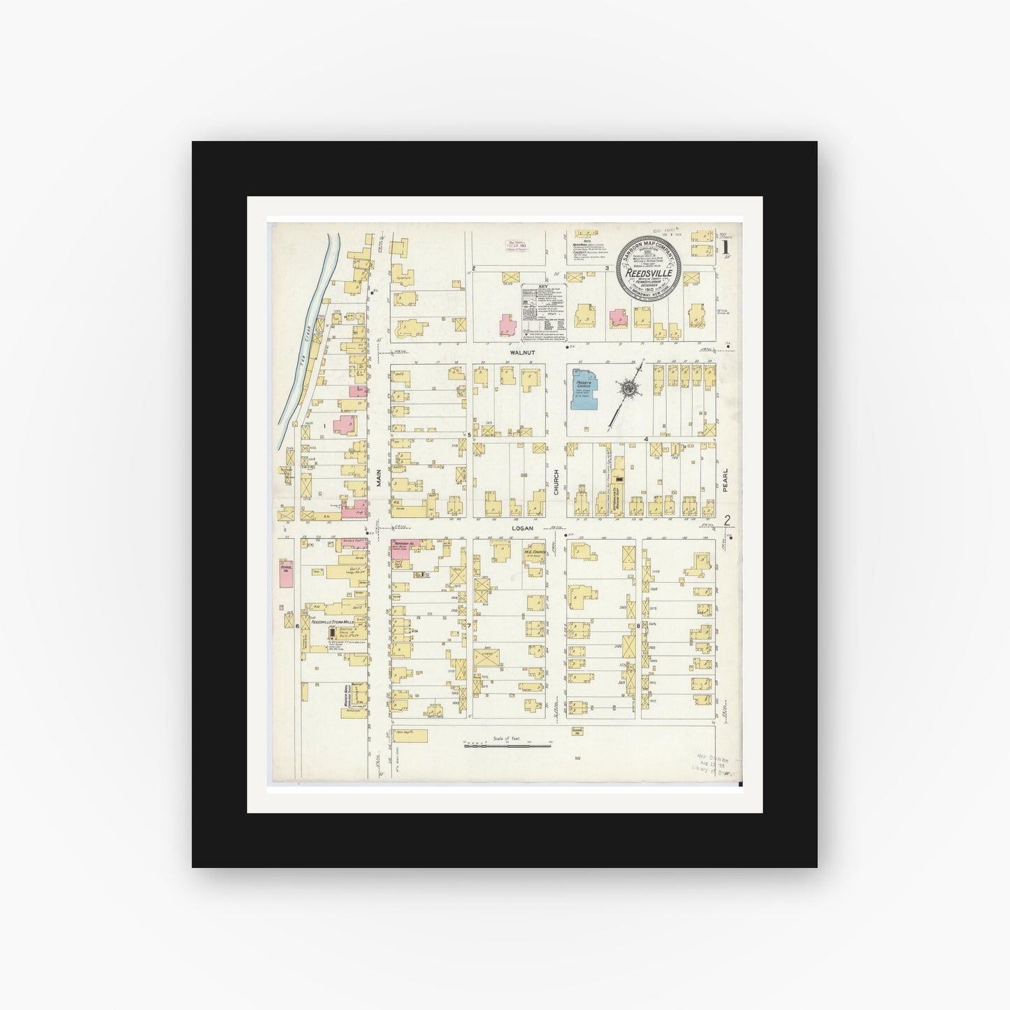 Old map wall art mockup — black gallery frame with white mat — Sanborn Fire Insurance Map from Reedsville, Mifflin County, Pennsylvania (1910) - Complete Map Set