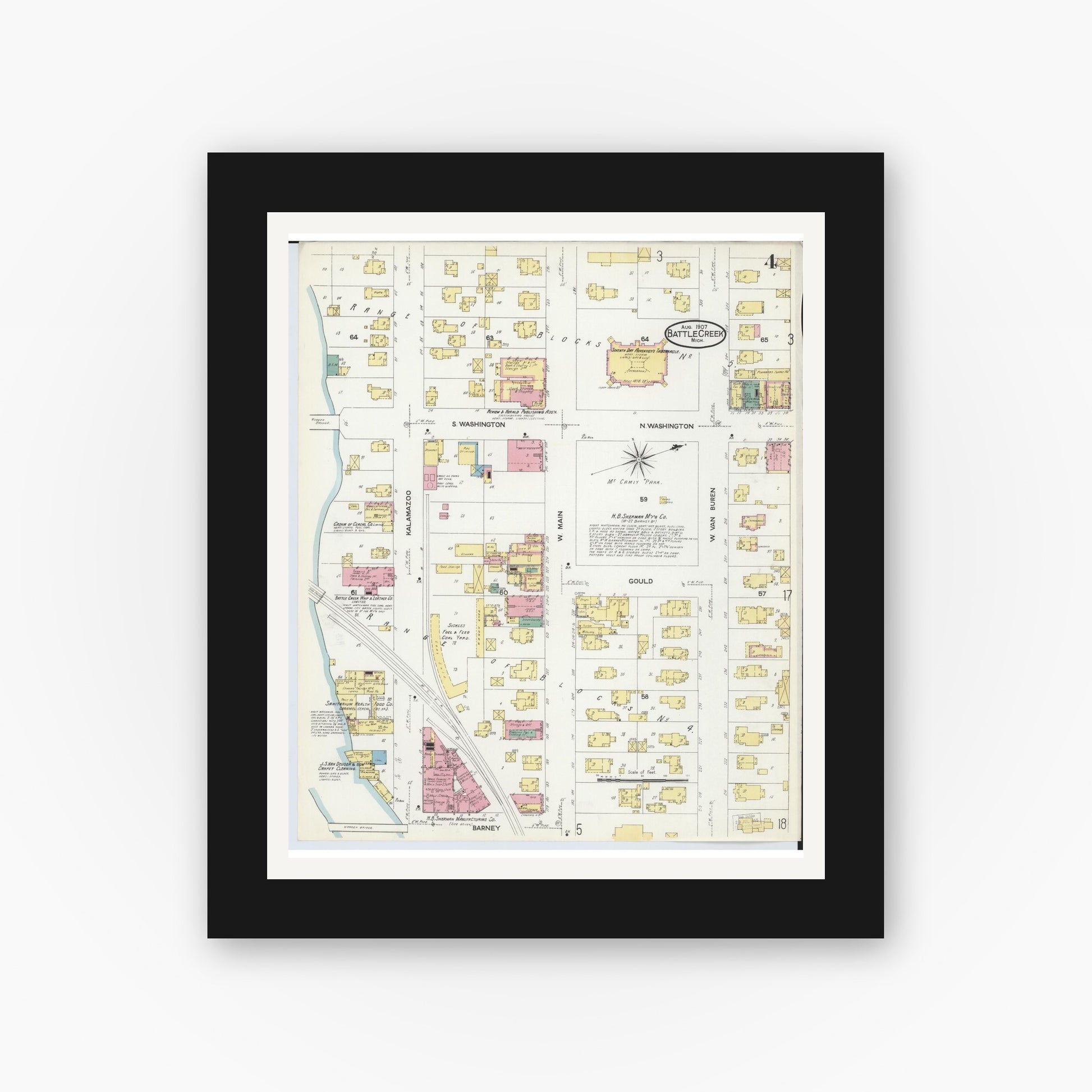 Old map wall art mockup — black gallery frame with white mat — Sanborn Fire Insurance Map from Battle Creek, Calhoun County, Michigan (1907), Sheet #0004