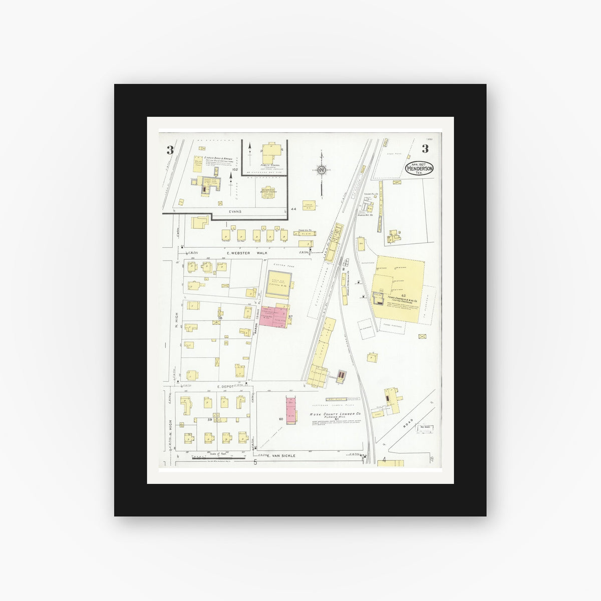 Old map wall art mockup — black gallery frame with white mat — Sanborn Fire Insurance Map from Henderson, Rusk County, Texas (1927), Sheet #0003