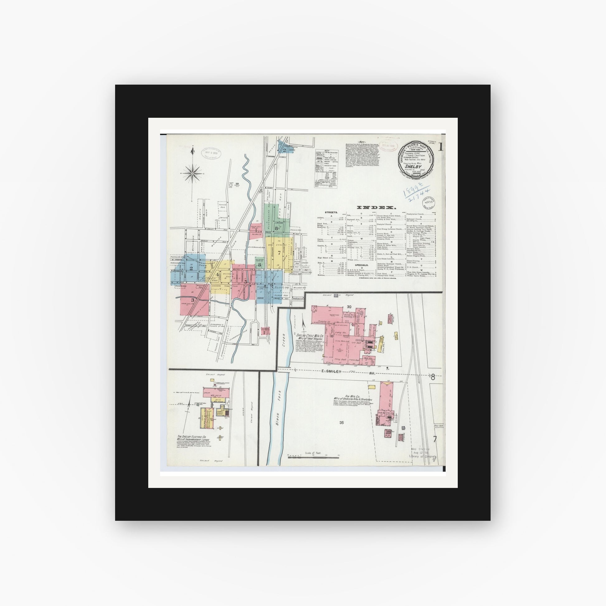 Old map wall art mockup — black gallery frame with white mat — Sanborn Fire Insurance Map from Shelby, Richland County, Ohio (1899) - Complete Map Set