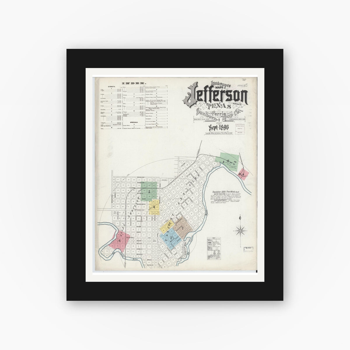 Old map wall art mockup — black gallery frame with white mat — Sanborn Fire Insurance Map from Jefferson, Marion County, Texas (1896) - Complete Map Set
