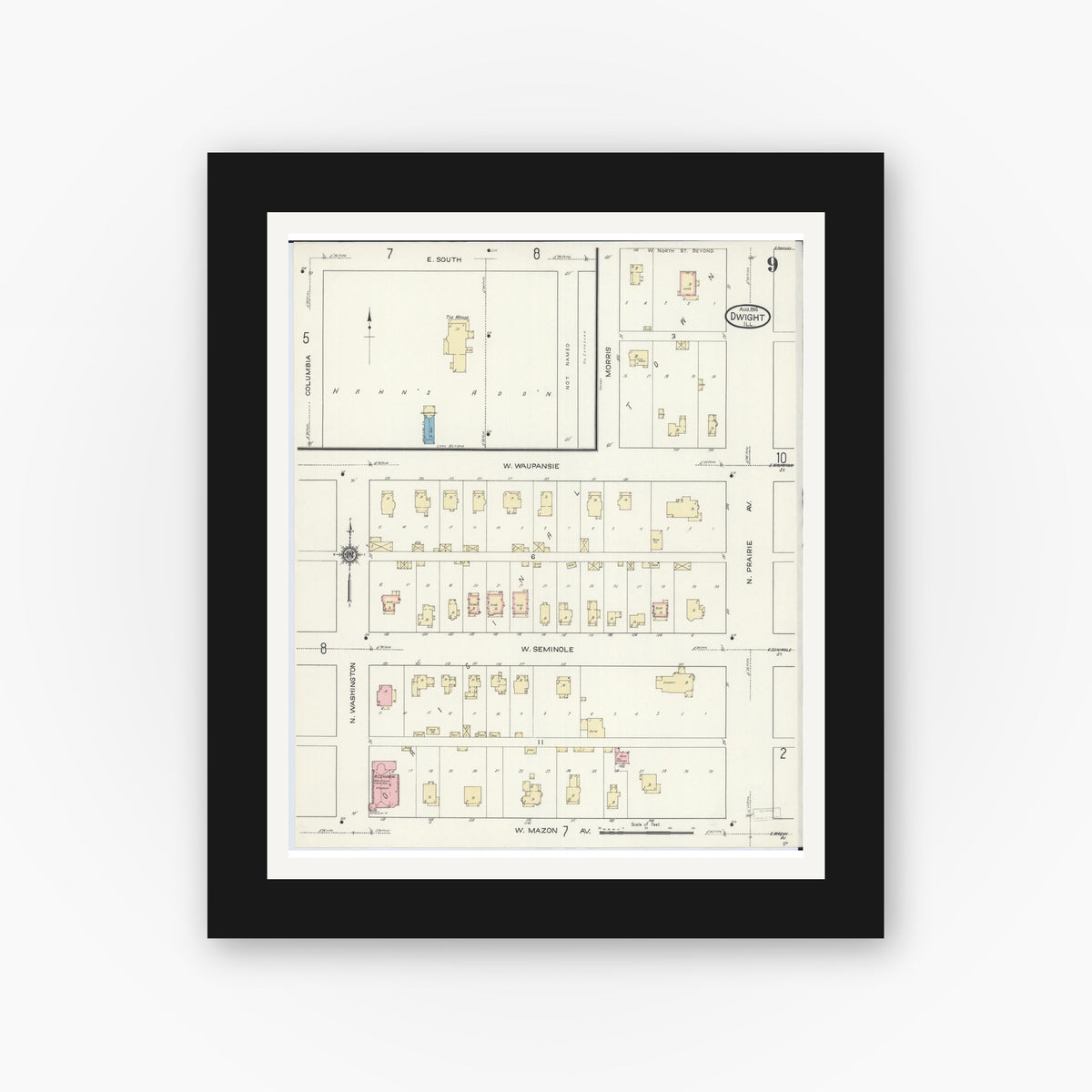 Old map wall art mockup — black gallery frame with white mat — Sanborn Fire Insurance Map from Dwight, Livingston County, Illinois (1914), Sheet #0009