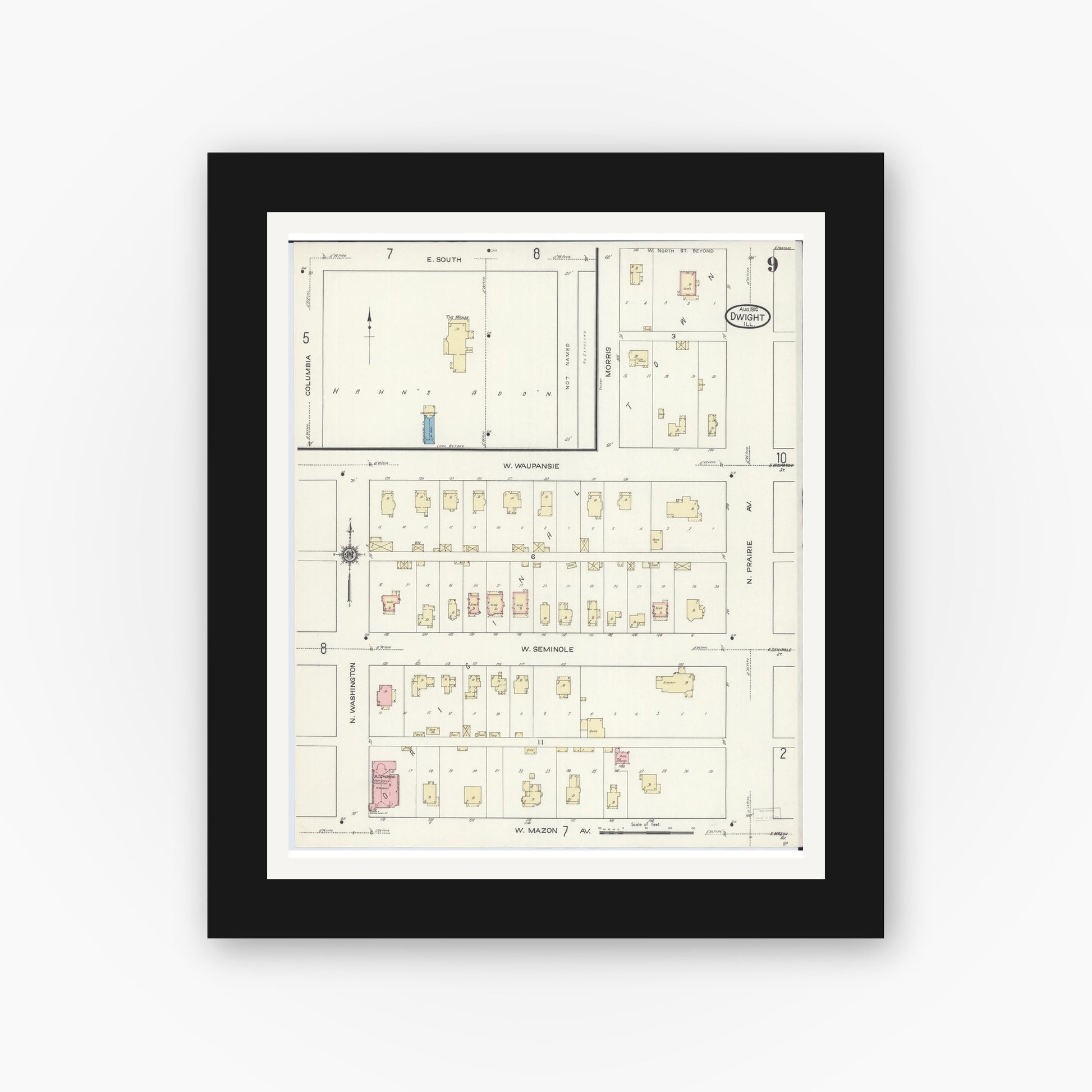 Old map wall art mockup — black gallery frame with white mat — Sanborn Fire Insurance Map from Dwight, Livingston County, Illinois (1914), Sheet #0009