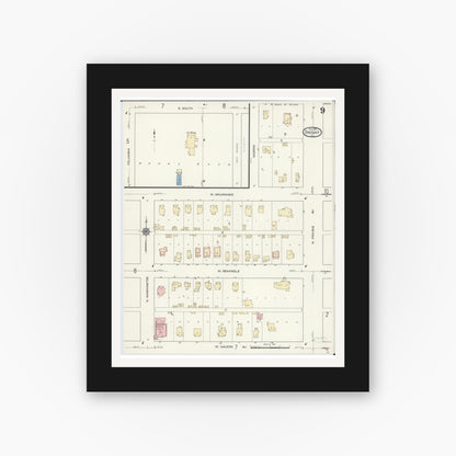Old map wall art mockup — black gallery frame with white mat — Sanborn Fire Insurance Map from Dwight, Livingston County, Illinois (1914), Sheet #0009