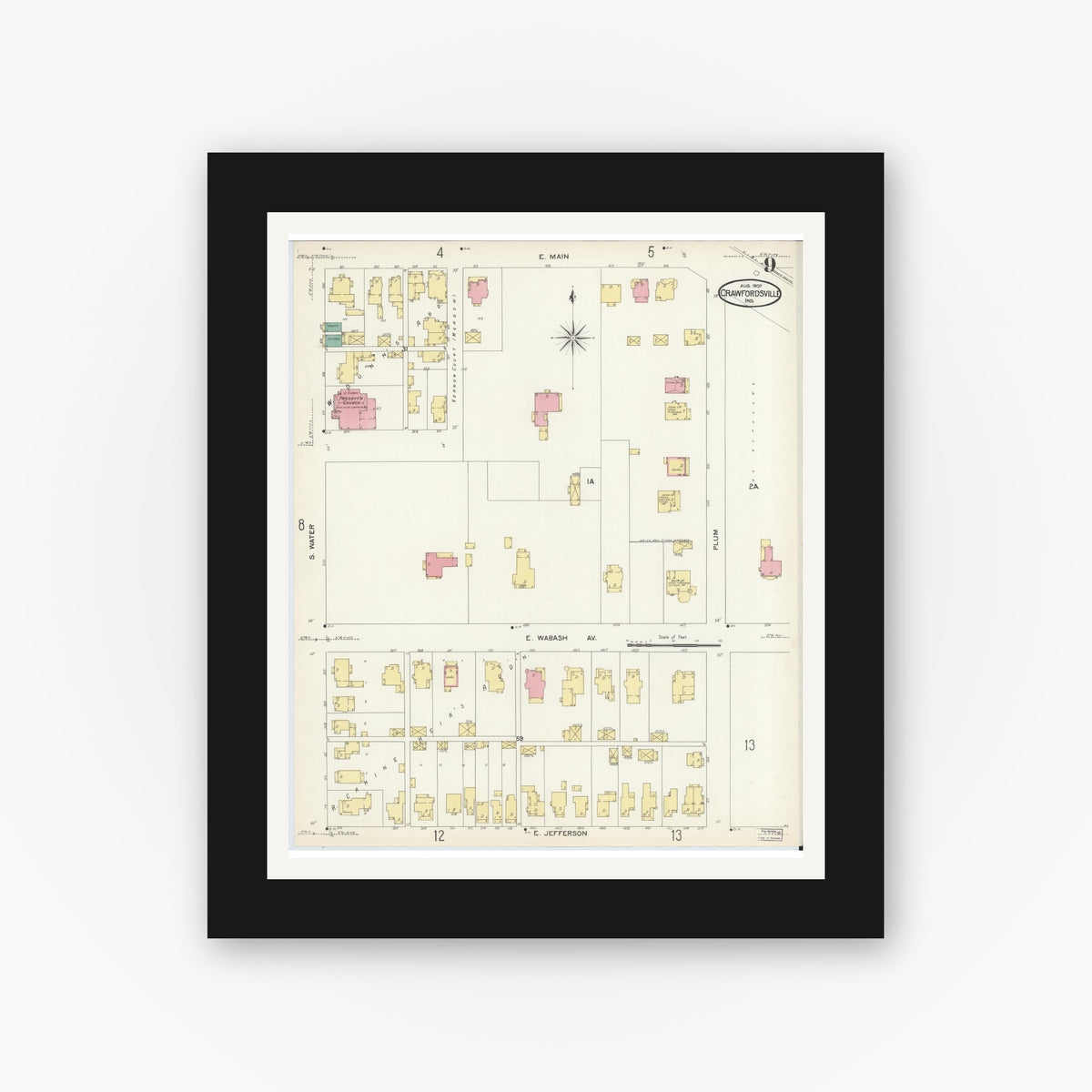 Old map wall art mockup — black gallery frame with white mat — Sanborn Fire Insurance Map from Crawfordsville, Montgomery County, Indiana (1907), Sheet #0009