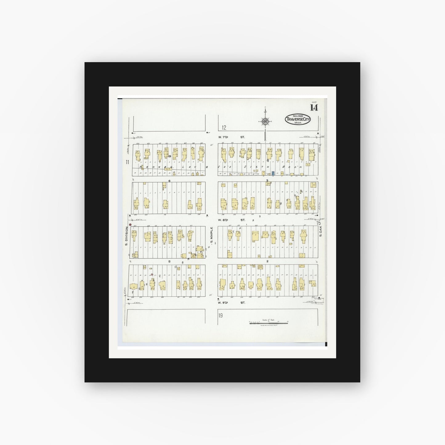 Old map wall art mockup — black gallery frame with white mat — Sanborn Fire Insurance Map from Traverse City, Grand Traverse County, Michigan (1920), Sheet #0014