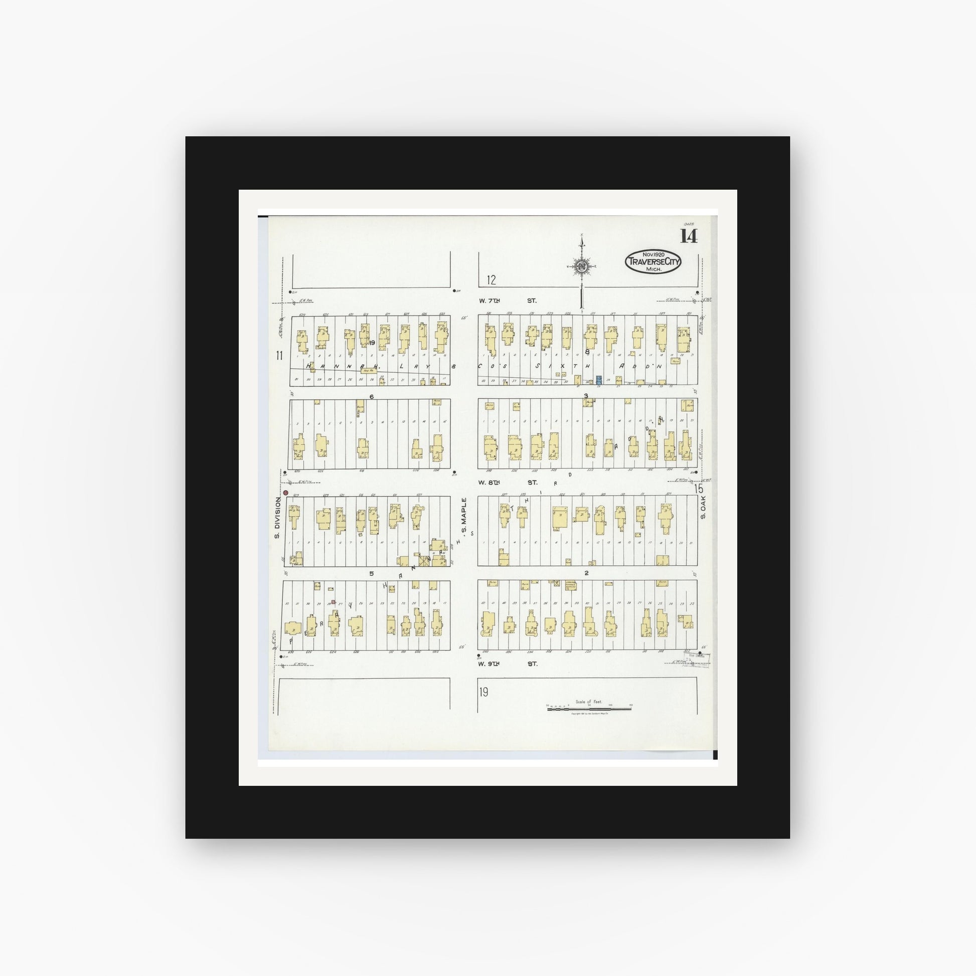 Old map wall art mockup — black gallery frame with white mat — Sanborn Fire Insurance Map from Traverse City, Grand Traverse County, Michigan (1920), Sheet #0014