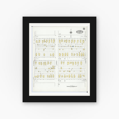 Old map wall art mockup — black gallery frame with white mat — Sanborn Fire Insurance Map from Traverse City, Grand Traverse County, Michigan (1920), Sheet #0014
