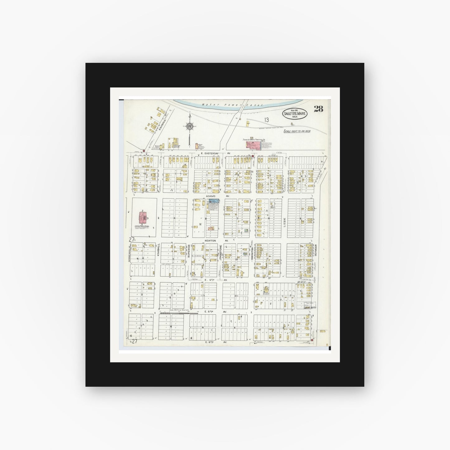 Old map wall art mockup — black gallery frame with white mat — Sanborn Fire Insurance Map from Sault Sainte Marie, Chippewa County, Michigan (1915), Sheet #0028